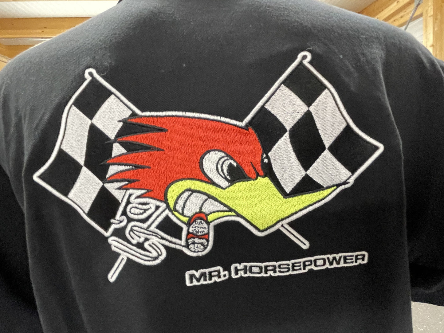 Premium Polo Shirt schwarz mit Stickerei Mr. Horsepower auf Brust und Rücken