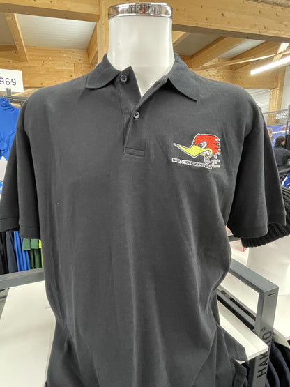 Premium Polo Shirt schwarz mit Stickerei Mr. Horsepower auf Brust und Rücken